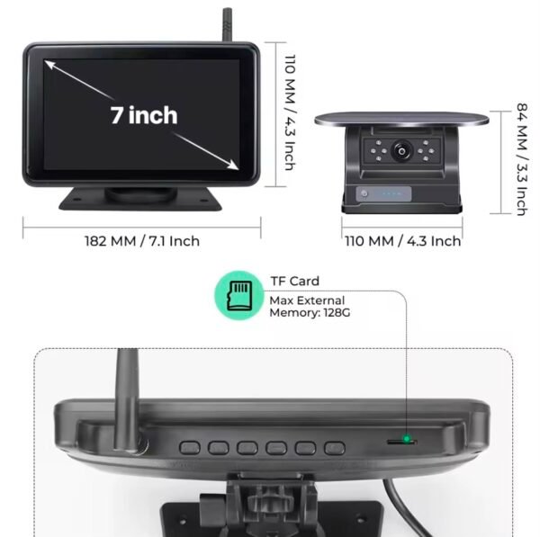 magnetic solar charging wireless parking camera with 7" dvr monitor & bsd blind spot alarm for motorhomes, vans & caravans