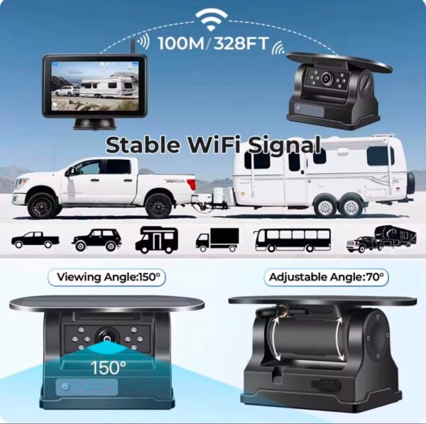 magnetic solar charging wireless parking camera with 7" dvr monitor & bsd blind spot alarm for motorhomes, vans & caravans