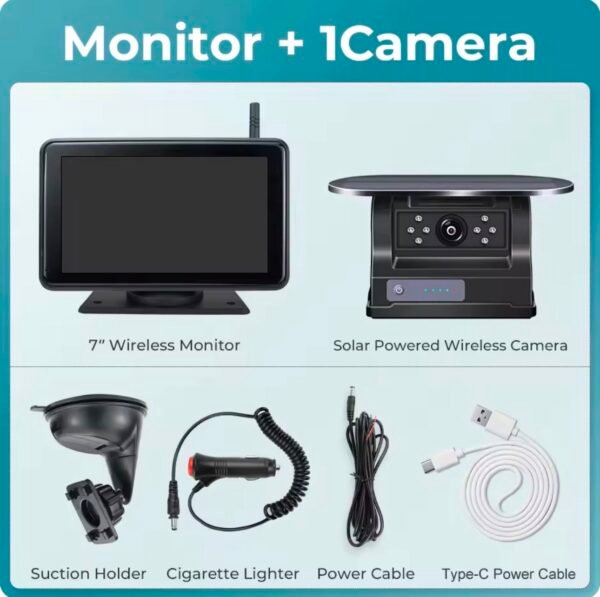 magnetic solar charging wireless parking camera with 7" dvr monitor & bsd blind spot alarm for motorhomes, vans & caravans