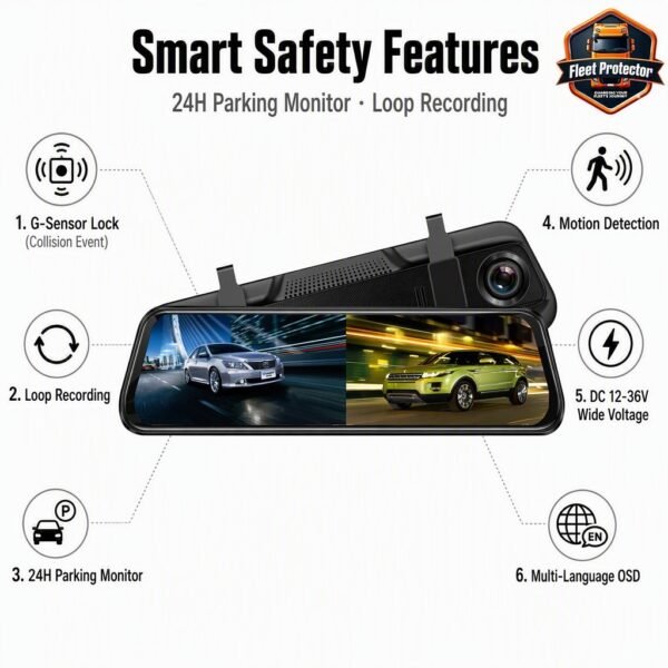 Safety Features 9.66 " Touchscreen Rear View Mirror Dash Camera